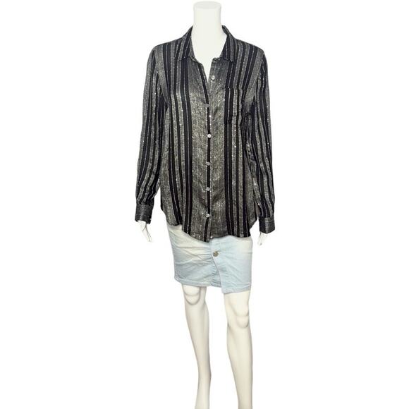 NWT STYLE & CO Women Black/Gray Metallic Collared Button Down Shirt Size M - Picture 1 of 5